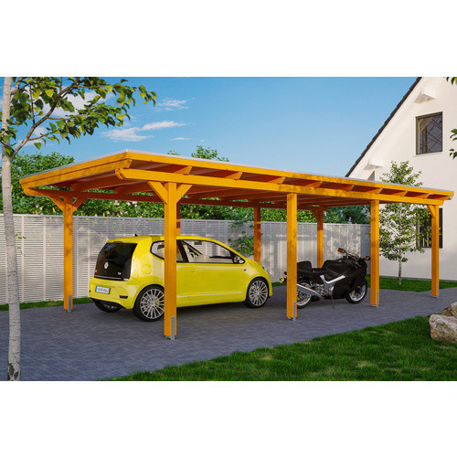 Skan Holz Einzelcarport Emsland aus Leimholz Eiche hell mit Alu-Dachplatten, B/T: 404 x 846 cm, Firsthöhe: 242 cm, braun - Bild 1