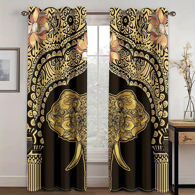 2er-Set Yiran Furniture Boho Vorhänge mit Mandala-Elefantenmuster, halbtransparent, Mehrfarbig, Breite: 50 cm, Höhe: 130 cm - Bild 1