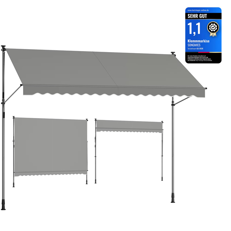 SONGMICS Klemmmarkise als Balkonmarkise in Grau mit Handkurbel und höhenverstellbarem Sonnenschutz, B: 350 cm, H: 120 cm - Bild 3