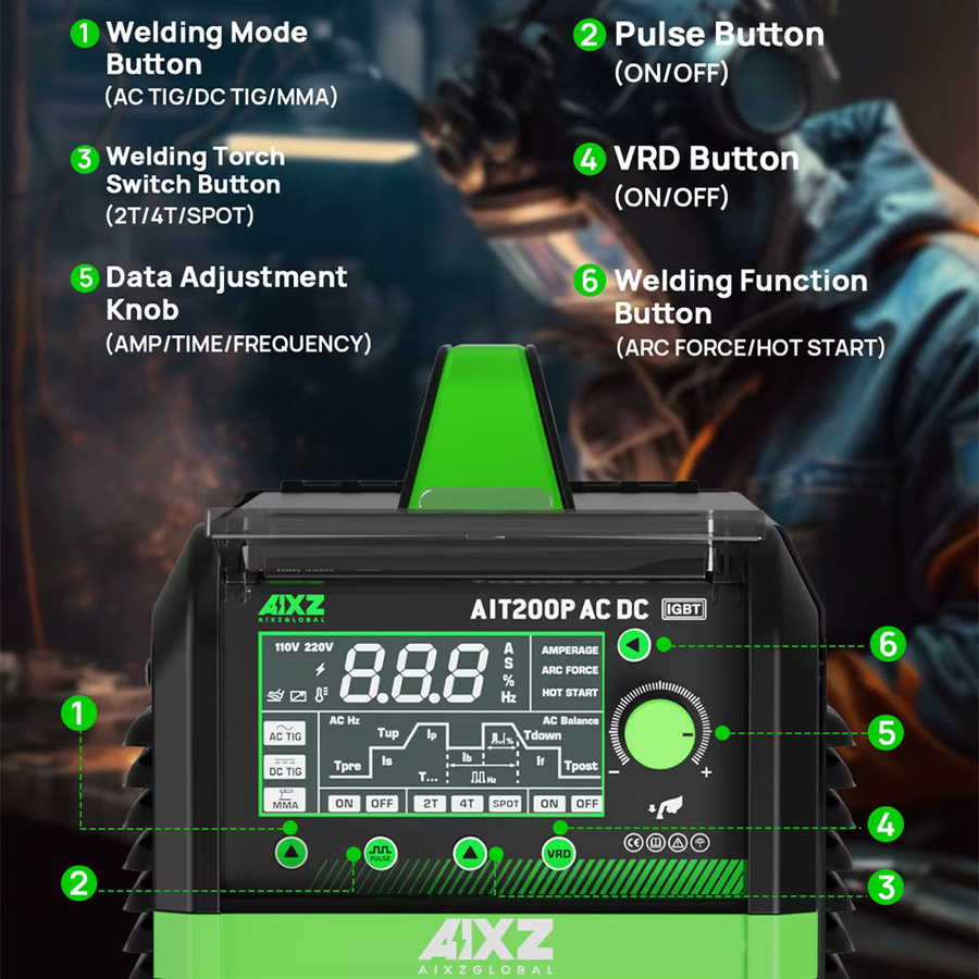 AIXZ 5-in-1 Multiprozess-Schweißgerät AIT200P, AC/DC TIG und MMA ARC Schweißgerät mit Puls-Funktion, 220V 200A, Schwarz - Bild 2