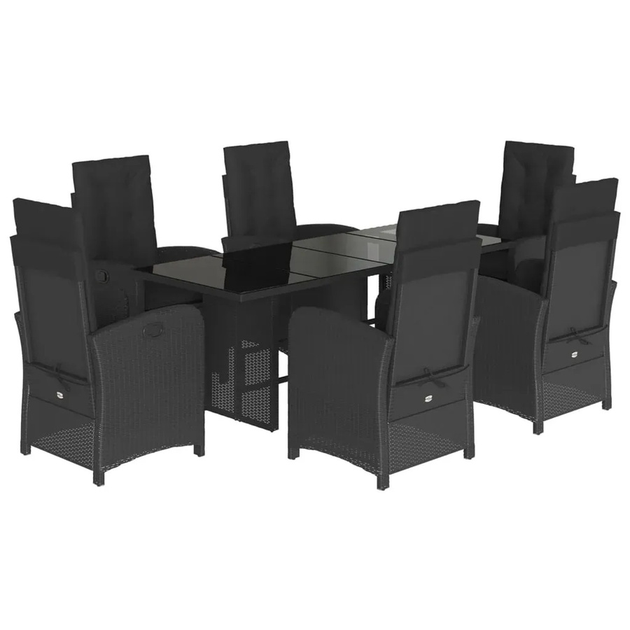 vidaXL 7-teilige Garten-Essgruppe aus schwarzem Poly-Rattan mit Glasplatte und Kissen - Bild 2