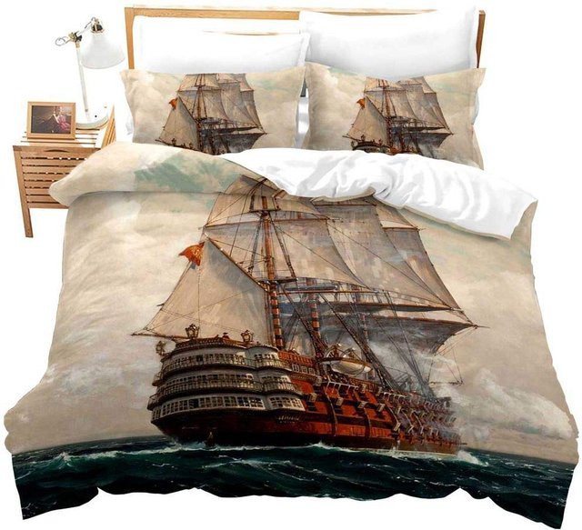 Binchi Fitness Bettwäsche-Set Piraten-Design mit Segelboot und Wellenmuster, Mehrfarbig, B/H: 180 x 210 cm - Bild 1
