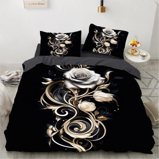Lodestar 3D Blumen Bettwäsche-Set mit Rosen-Design in Rot und Schwarz, Material Mikrofaser Polyester, B/H: 135 x 200 cm - Bild 1