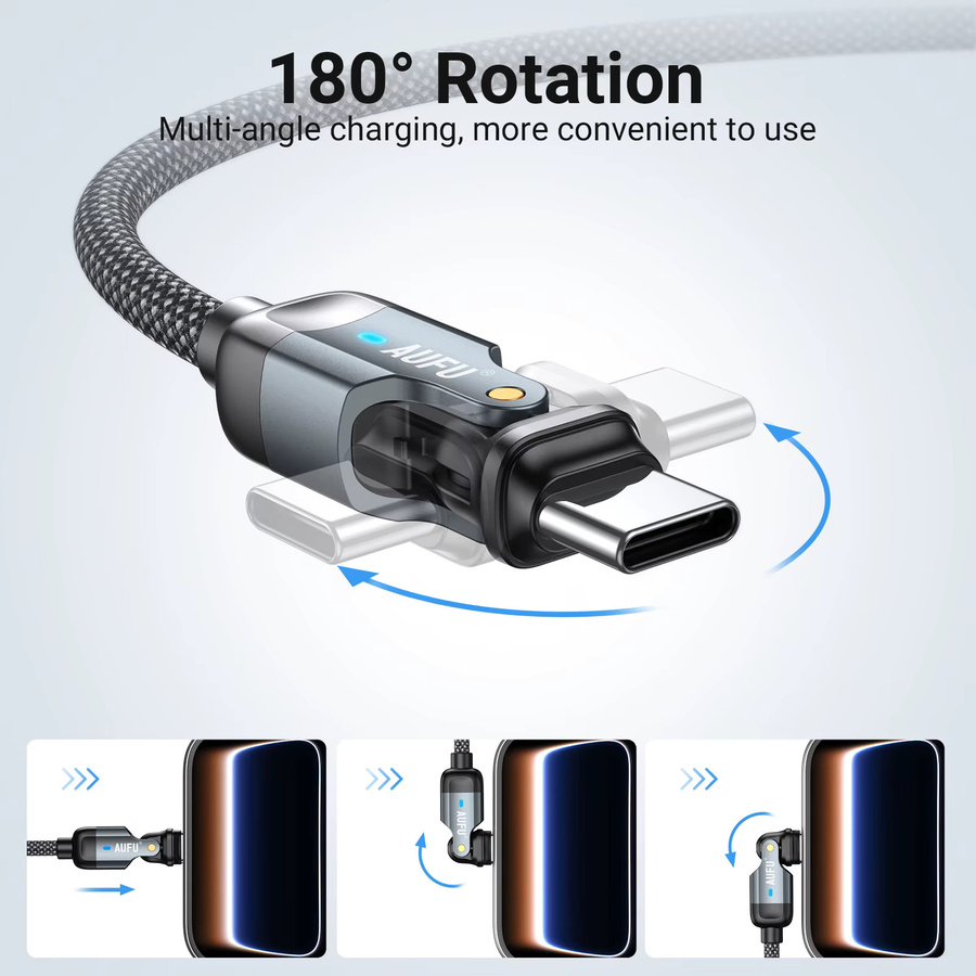 AUFU 180 Grad drehbares USB-C-Kabel in Schwarz, 5A Schnellladekabel und Datenkabel mit USB-A auf USB-C Anschluss für Xiaomi POCO und Samsung S21 S20 - Bild 5