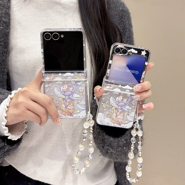Clear Laser Cute Cloud Drifting Record Handyhülle für Samsung Galaxy Z Flip 7 6 5 4 3 mit Lanyard und Scharnierabdeckung, Transparent - Bild 1