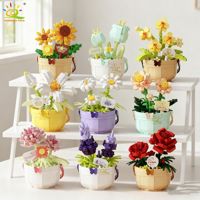HUIQIBAO MOC Blumen Micro Bausteine DIY Rose und Sonnenblume Bouquet aus Kunststoff in Mehrfarbig als Schreibtisch Dekoration für Kinder - Bild 1