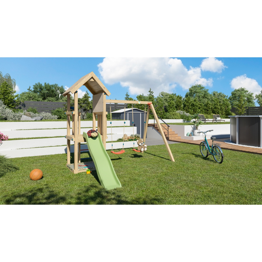 Trigano Spielturm EASY XPLORER 2 aus Holz in Multicolour mit Rutsche, Sandkasten, Netz, 2 Schaukelsitzen und Fernglas - Bild 2