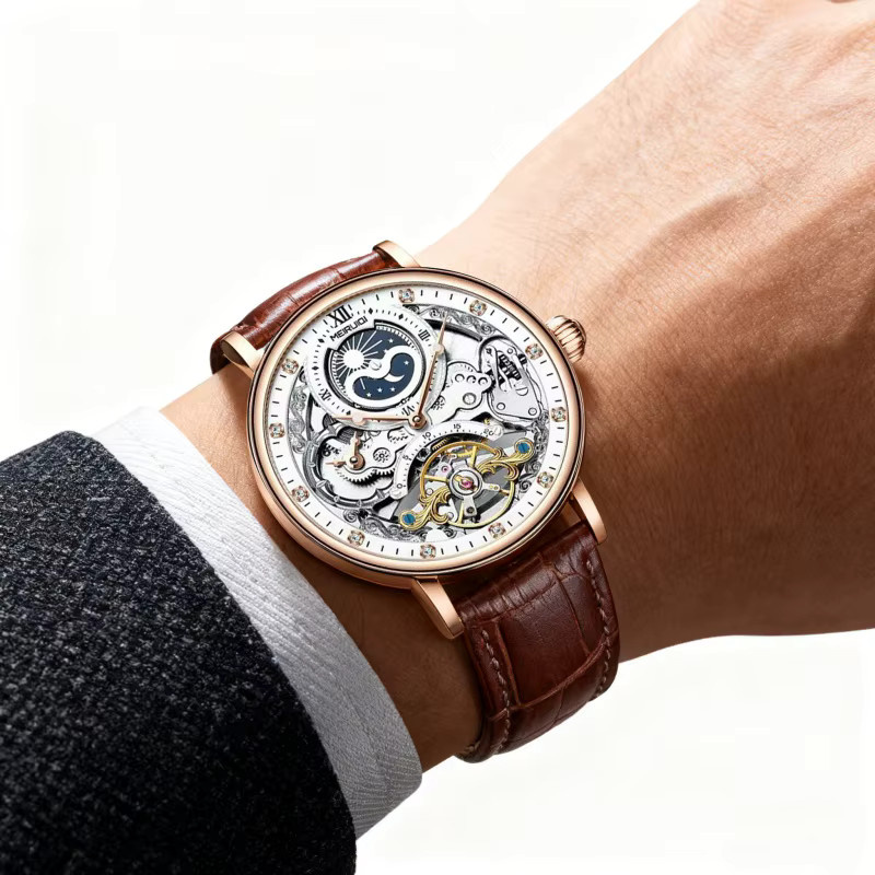 MEIRUIQI Armbanduhr Automatik, Roségold, Weiß, Braun, Herren - Bild 6