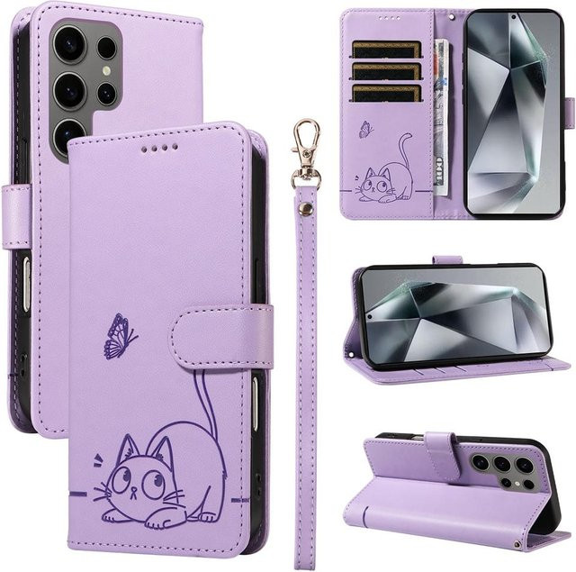 Magnetische Leder-Klapphülle für Samsung Galaxy S25 S24 S23 S22 S21 S20 Plus Ultra FE mit geprägtem Katze und Schmetterling Design in Violett - Bild 1