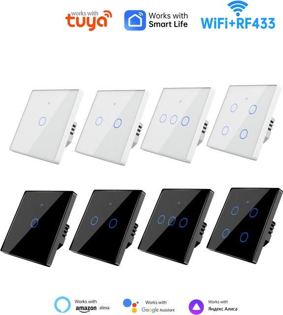 QNCX Smart Home Touch-Lichtschalter Kompatibel mit Tuya WiFi Alexa und Google Home, 1/2/3-fach, Schwarz - Bild 1