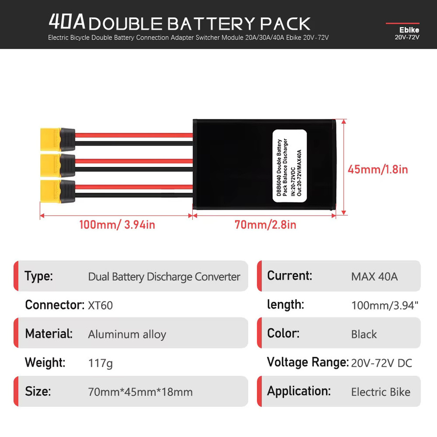 Awsurge 40A Dual Batterie Entladungskonverter mit XT60 Stecker für e-Bike Modifikationen, Schwarz - Bild 2