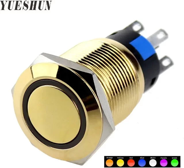 YUESHUN LED Drucktastenschalter aus vergoldetem Messing, wasserdichter Metall-Momentan- und Rastschalter mit 19 mm Durchmesser in Gold und Blau - Bild 1