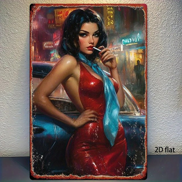 Retro Metall-Blechschild Hello Young Pin-up Girl Wandkunst Illustration in Multicolour, Rechteckig - Bild 1