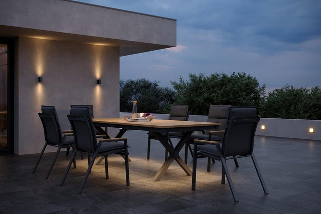 OUTFLEXX Luminara Garten-Essgruppe mit LED-Beleuchtung, anthrazit matt/natur, Aluminium und Holzimitat, inklusive 6 Stapelsesseln und Auflagen, B/T: 240 x 100 cm - Bild 1