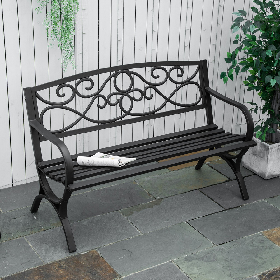 Outsunny Gartenbank 2-Sitzer aus Stahl und Gusseisen mit Armlehnen, Farbe Schwarz, B/T/H: 128 x 58,5 x 85 cm - Bild 2