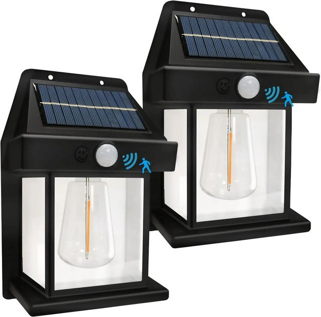 YJMP Super Lighting Solarbetriebene Outdoor-Sicherheitslichtleiste mit Bewegungssensor und 3 Beleuchtungsmodi, 2er-Set, Schwarz, Warmweißes LED-Licht - Bild 1
