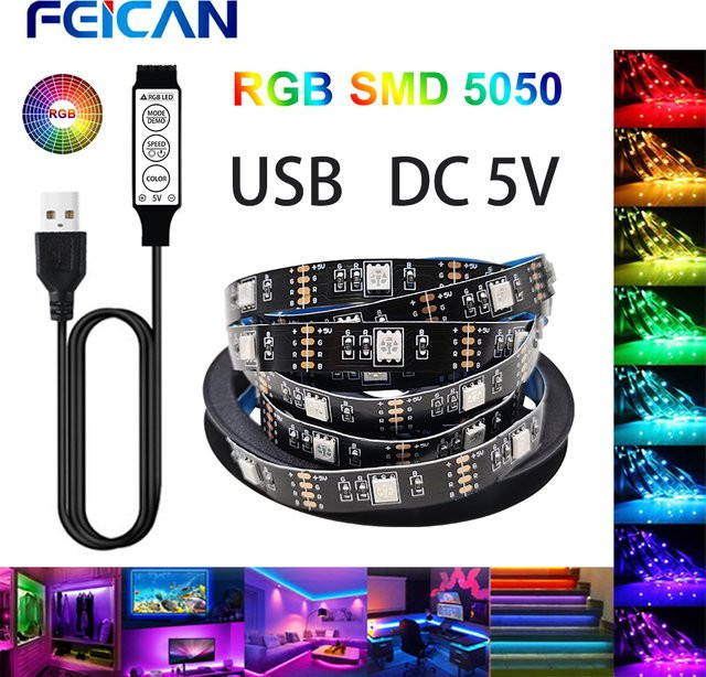 FEICAN RGB LED-Streifen 5050 mit 3 Tasten und USB-Anschluss für TV-Hintergrundbeleuchtung, Multicolour, abschneidbar - Bild 1