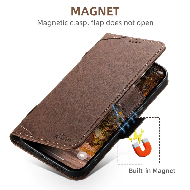 EUCAGR MagSafe Business Leder Brieftasche Handyhülle mit Flip-Kartenhalter für iPhone 12 13 14 15 16 17 Pro Max Plus in Pink oder Brown - Bild 2