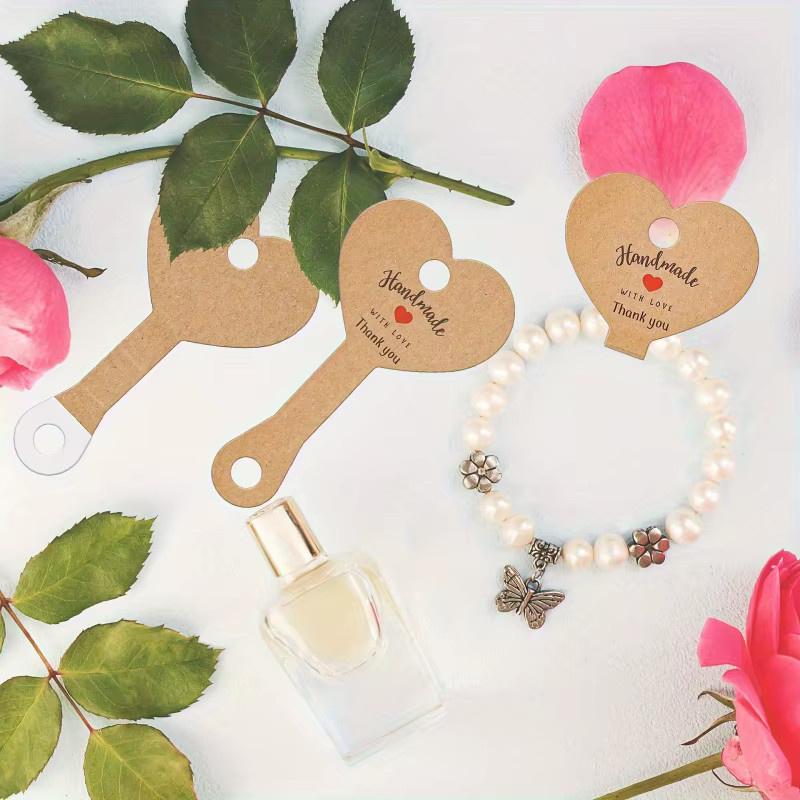 200 Stück Schmuck-Etiketten aus Lederpapier in Braun mit Klebstoff und Herzform für Halsketten-Präsentationskarten - Bild 1