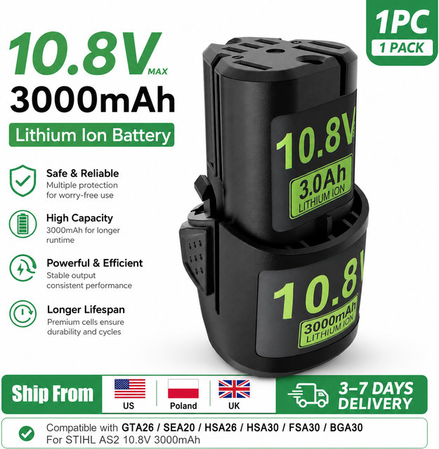 Dreamdash Ersatz-Li-Ion-Akku 10,8V 3000mAh in Schwarz für STIHL Elektrowerkzeuge wie GTA26, GTA40, SEA20, HSA26, HSA30, HSA40, FSA30, KOA30, ASA20, BGA30 und RCA20 - Bild 1