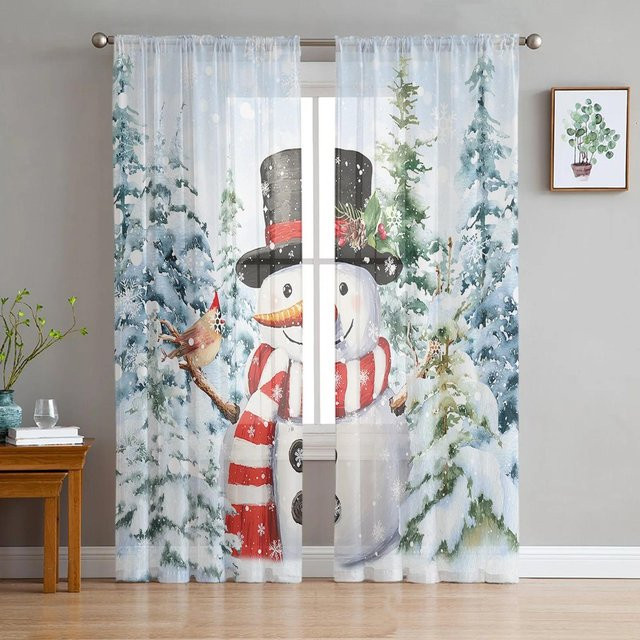 Weihnachten Schneemann Tüll Vorhang mit Schneeszene in Weiß, Transparent, Breite: 135 cm, Höhe: 115 cm - Bild 1