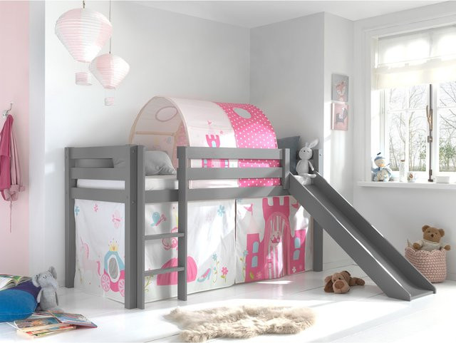 Spielbett Pino aus massivem Kiefer mit Rutsche, Textilset mit Vorhang und Tunnel, Grau - Bild 1