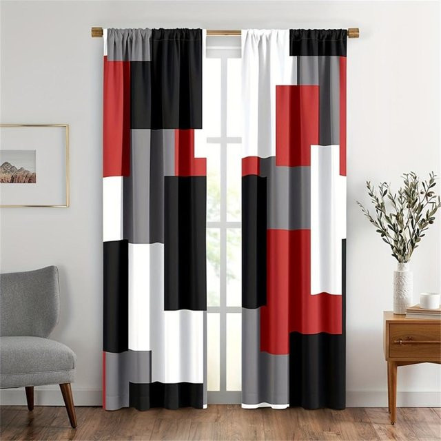 2er-Set lichtfilternde Vorhänge mit abstraktem geometrischem Design in Rot, Schwarz und Grau, modern gestaltete Fensterdekoration mit Ösen, Breite: 50 cm, Höhe: 130 cm - Bild 1