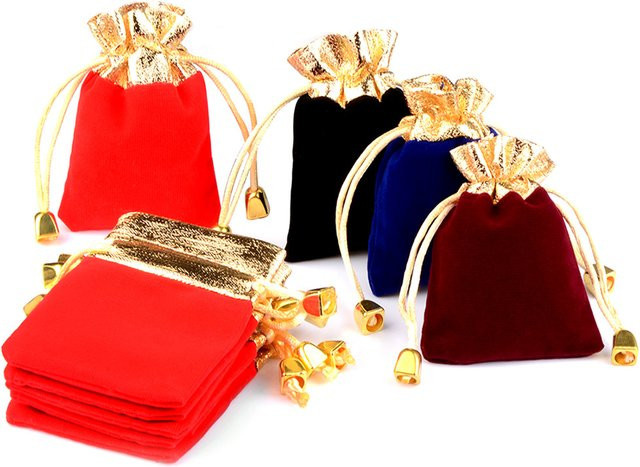 25 Stück Samtbeutel mit Kordelzug und goldfarbenem Rand für Schmuck und Geschenke in verschiedenen Größen, Blau und Gold - Bild 1