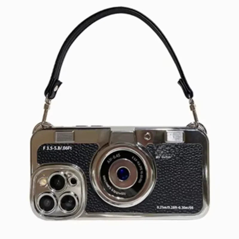 Retro-Kamera Handyhülle aus weichem TPU für iPhone 11 12 13 14 15 16 Pro Max Plus mit Umhängeband in Braun - Bild 5