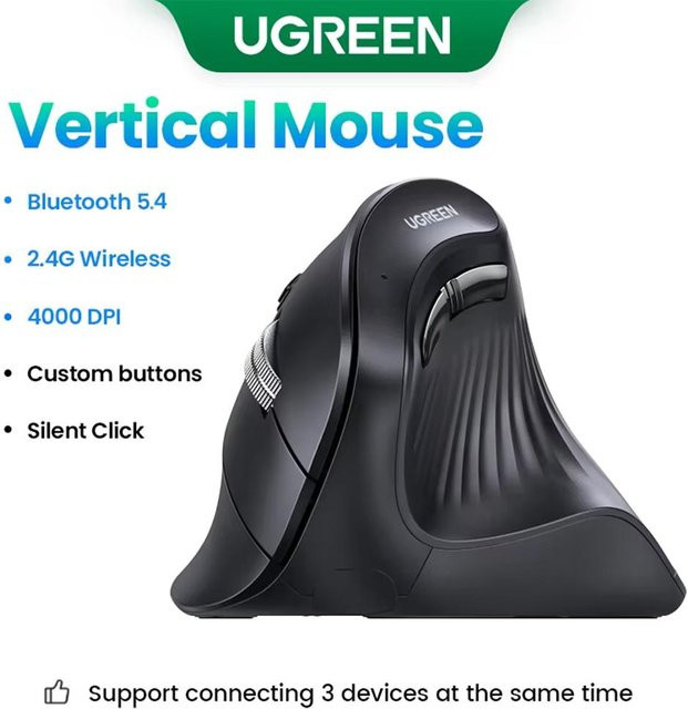 UGREEN Ergonomische Bluetooth Vertikalmaus mit Typ-C-Ladefunktion in Schwarz - Bild 1