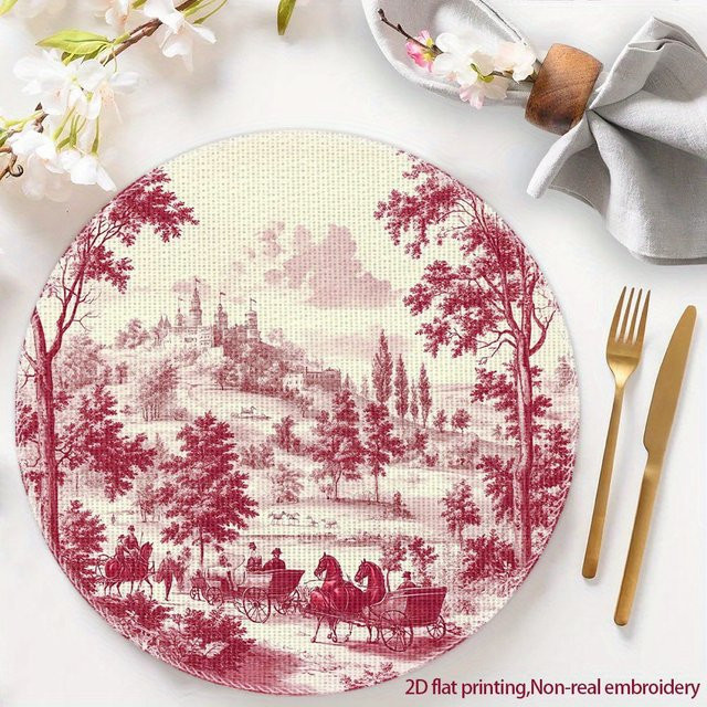 VIKAMA Toile de Jouy Tischdecken-Set mit floralem Landhaus-Design in Rot, rund, aus Leinen - Bild 1