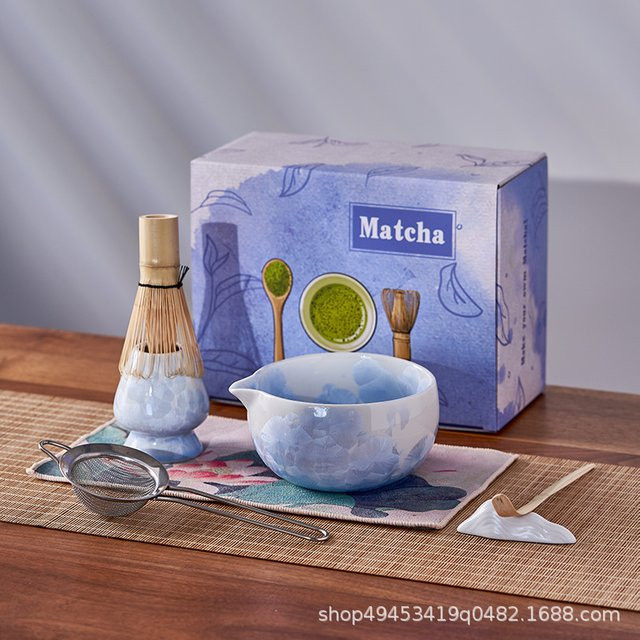 7-teiliges Matcha-Schneebesen-Set mit Keramikschale in Kristallglasur und Eismuster, Japanisches Teezeremonie-Set in Grün und Blau - Bild 1
