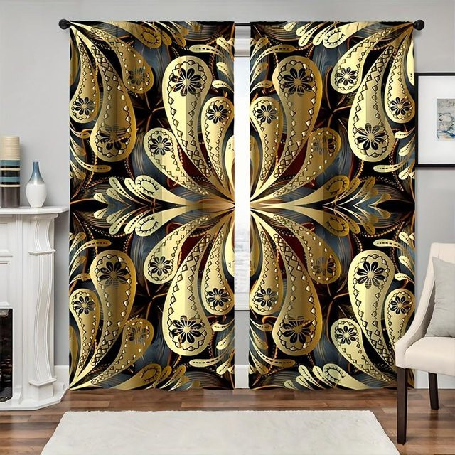 2er-Set Vorhang mit Kronenmuster in Schwarz und Gold, 3D Digitaldruck, halbtransparent, mit Ösen und Vorhangschlitzen, Breite: 50 cm, Höhe: 100 cm pro Stück - Bild 1
