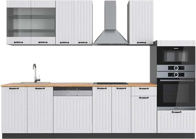 Vicco Fame-Line Küchenzeile im Landhausstil in Weiß und Anthrazit mit Hochschrank, Breite: 300 cm - Bild 1