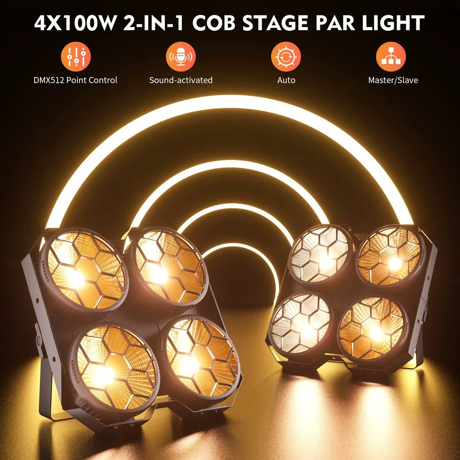 DayFlicker 2in1 COB LED Bühnenlicht mit 4 Augen und 4x100W DMX512 Blinder für DJ, Disco und Party - Bild 2