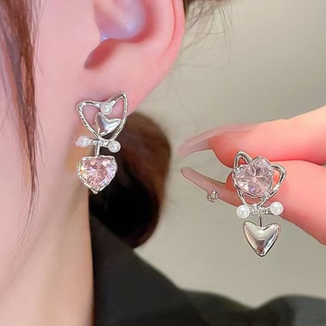 Yerik Ohrstecker, Rosa Herz-Zirkonia, Perle, Silber, Damen, Vintage - Bild 1