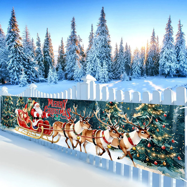 VIKAMA Frohe Weihnachten Banner mit Weihnachtsmann und Rentier als Weihnachtsdekoration, mehrfarbig, Textil - Bild 1