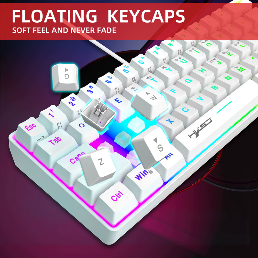 HXSJ Mini-Gaming-Tastatur mit 61 Tasten, kabelgebundene Membrane-Tastatur mit RGB-Beleuchtung in Weiß/Multicolor - Bild 4