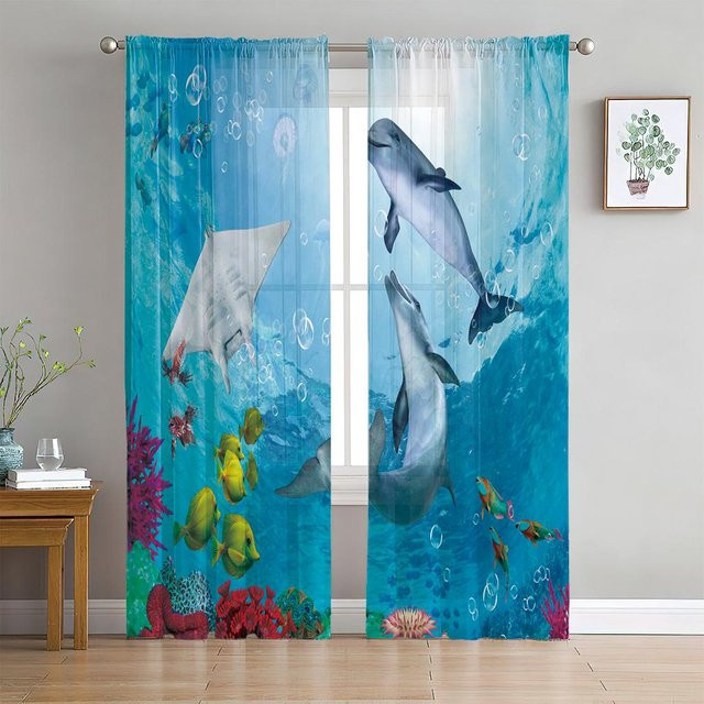 2-teiliges blaues Tüll-Vorhangset mit Meeresbewohnern Delfin und Schildkröte, transparenter Voile aus Polyester, B/H: 60 x 50 cm pro Teil - Bild 1