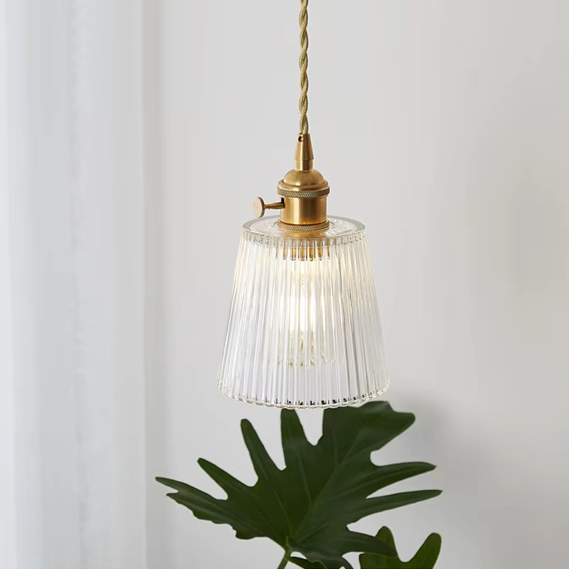 Vintage Nordic Pendelleuchte aus Glas mit Streifen-Design in Transparent und Gold/Messing für Esszimmer, Küche oder Schlafzimmer - Bild 3