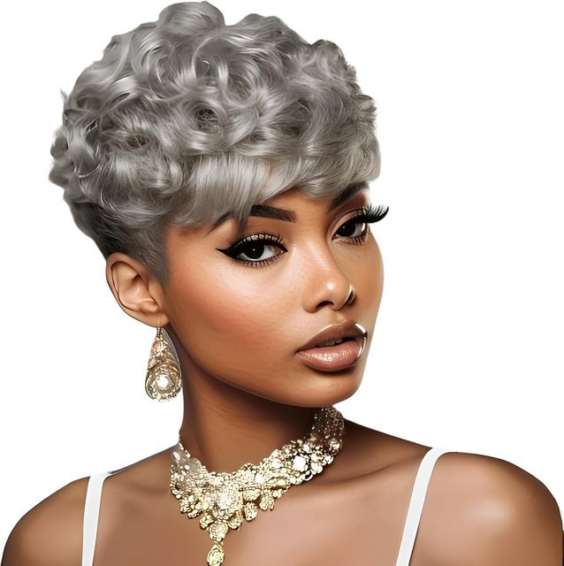 OYM HAIR Perücke, kurze Pixie-Perücke mit Pony, 100 % Echthaar, Grau - Bild 1