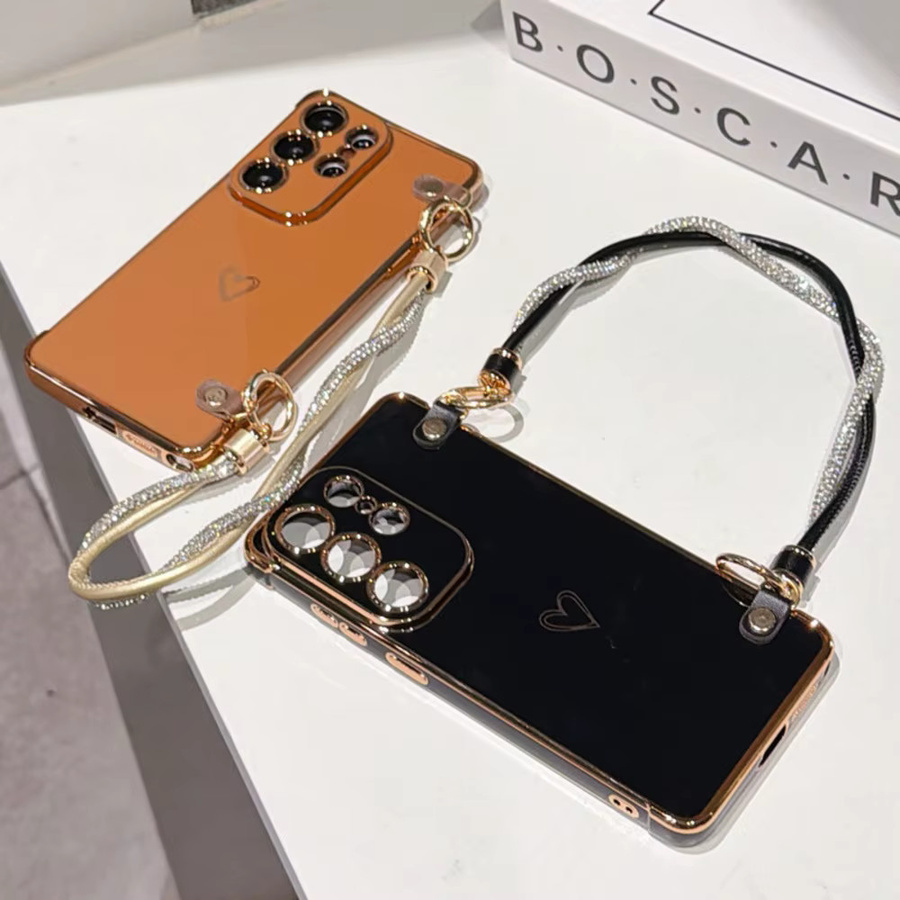 Samsung Galaxy Smartphone Schutzhülle aus weichem TPU mit Lanyard und Liebesherz-Design in Braun - Bild 3