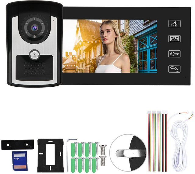 KONNWEI 7-Zoll Video-Türsprechanlage mit Kabel, Türöffner und Zugangstürkamera inklusive 4G-Speicherkarte in Schwarz und Blau - Bild 1