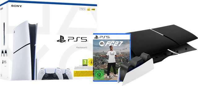 Sony PlayStation 5 Slim mit Laufwerk, FC 27, schwarze Cover, zusätzlicher weißer Controller und Ladestation - Bild 1