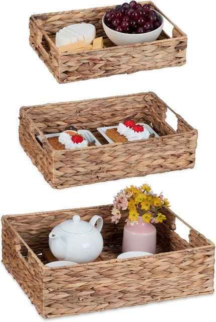 Relaxdays Tablett 3er Set aus Wasserhyazinthe und Stahl in Natur Braun mit Griffen B: 40 cm, T: 30 cm - Bild 1