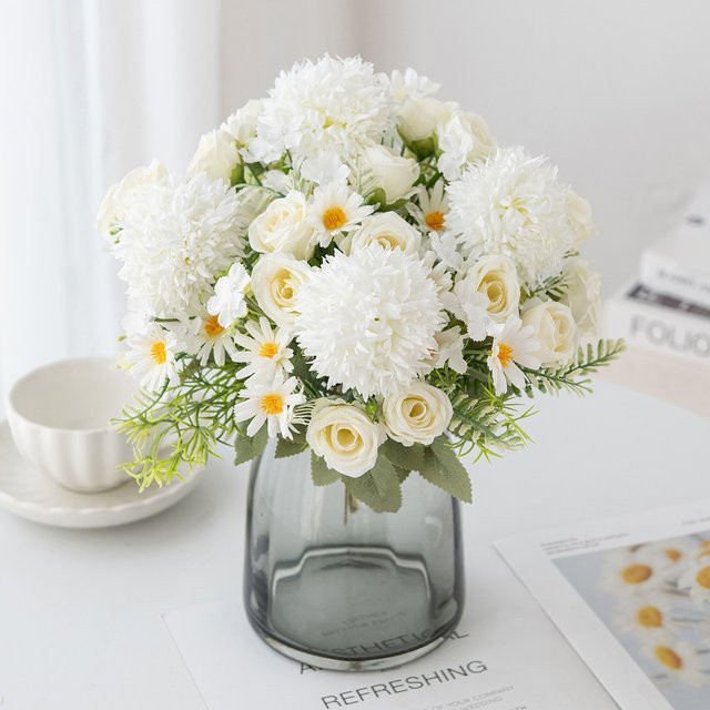 ZQCY Künstliche Rosen und Chrysanthemen aus Seide in Weiß für Hochzeit und Dekoration - Bild 1