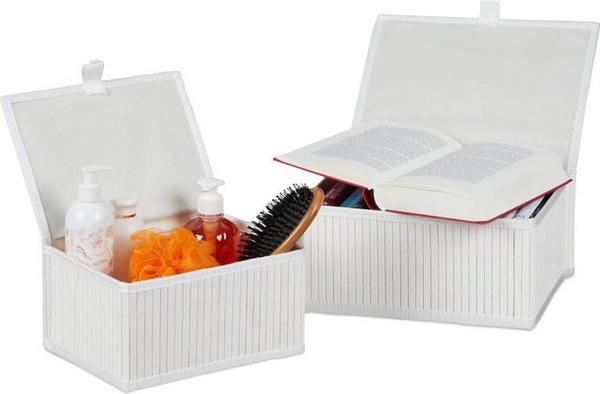 Relaxdays Aufbewahrungskorb aus Bambus, 2-teiliges Set, Weiß, B: 14 cm, T: 30 cm, H: 23 cm