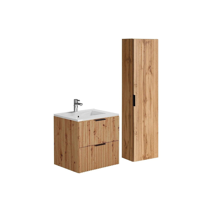 Vente-unique Badmöbel-Set Zevara in Naturfarben Hell mit Waschbeckenunterschrank, Einbauwaschbecken und Badhochschrank in Streifenoptik, Breite: 60 cm - Bild 2