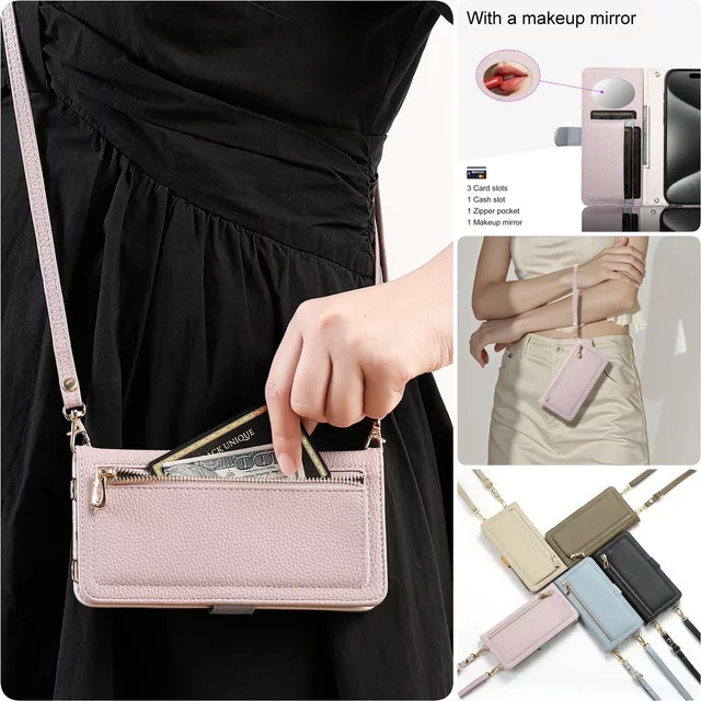 Crossbody Geldbörse mit Kartenhalter und Handyhülle für Motorola Edge 50 Pro 50 Fusion 50 Neo 40 in Blau mit Spiegel und Reißverschluss - Bild 1