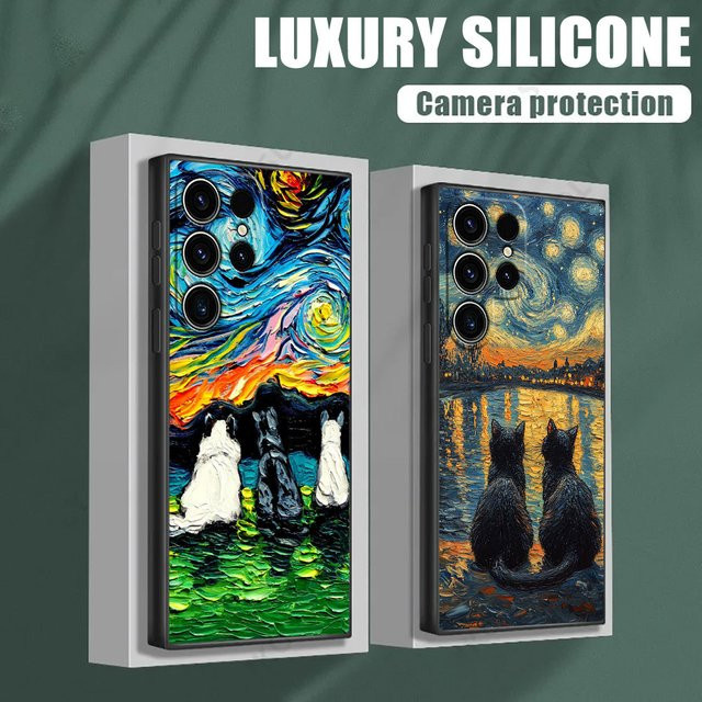 Handyhülle Katzen Van Gogh Sternennacht Ölgemälde Design für Samsung Galaxy S26 S25 S24 S23 S22 S21 S20 Ultra Plus FE 5G in Multicolour - Bild 1